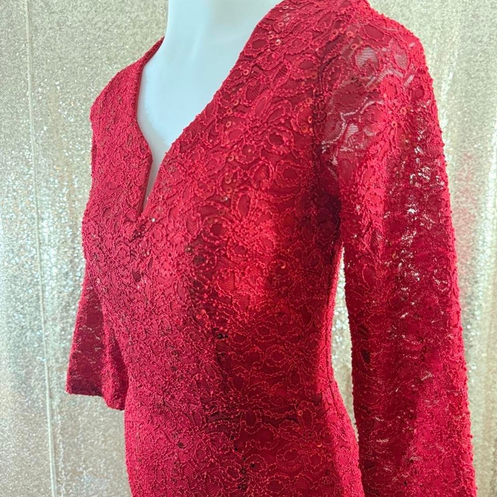 Red Lace Sequin Midi Dress V-Neck 3/4 Sleeve Back CutoutParty/Sizes S-M-L - Picture 2 of 8